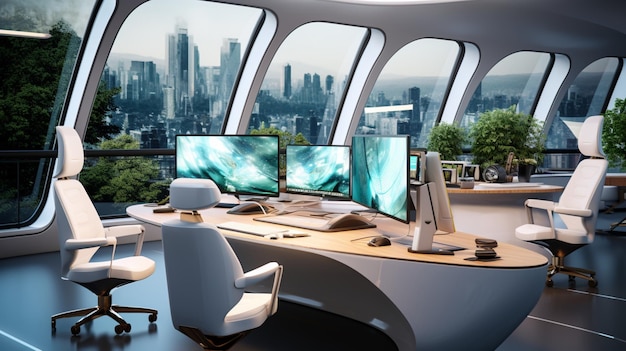 Futuristic office and work space design with modern computer equipment