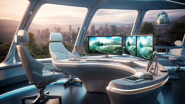 Futuristic office and work space design with modern computer equipment