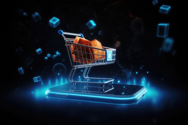 어두운 배경에 휴대폰에 카트와 함께 미래의 온라인 결제 쇼핑