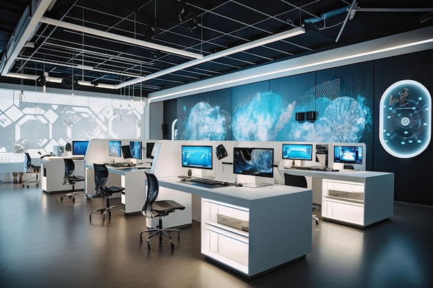 Futuristic open office filled with interactive displays holographic images and d printers created wi