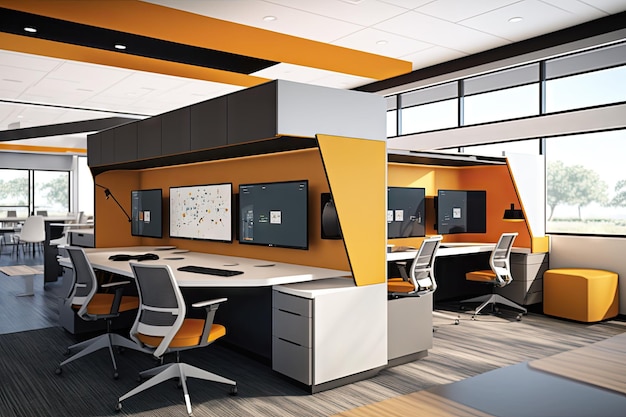 Foto un open office futuristico con un hub digitale caratterizzato da spazi di lavoro collaborativi e arredi eleganti