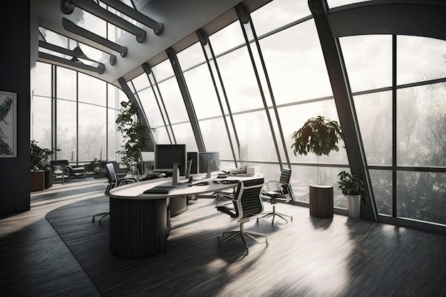 A futuristic open office with large windows and a glass roof providing natural light and inspiring views