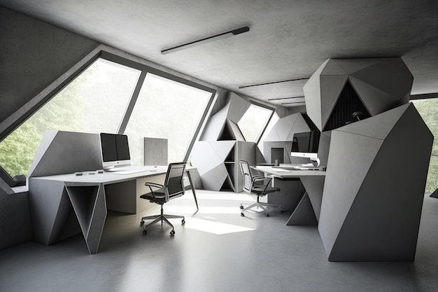 A futuristic open office with a stylish minimalist design and stateofthe art technology