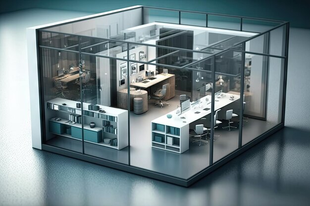 Футуристический открытый офис с прозрачными стенами и полами, позволяющий сотрудникам видеть друг друга и легко сотрудничать