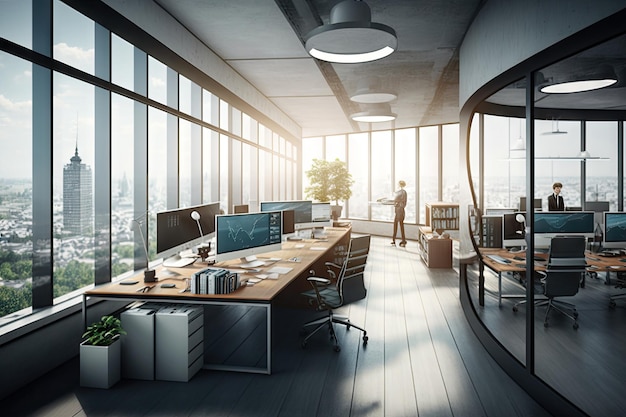 A futuristic open office with a view of the city through large glass windows and collaborative work spaces