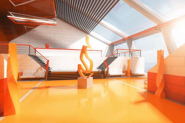 Futuristic orange interior with stairs panoramic windows and abstract fire art piece in the middle 3D Rendering