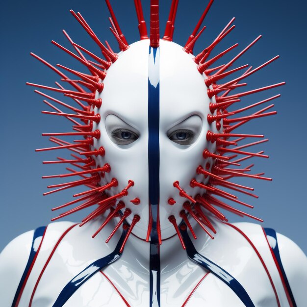 Photo futuristic organic woman white man costume with red and blue spikes