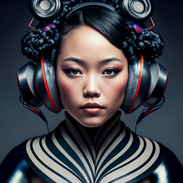 Futuristic Oriental Beauty A Stunning Portrait of a Woman in Bold Futuristic Attire Listening to M