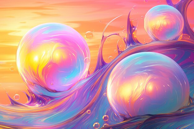 Futuristic painting candytoned sea with pastel colored balls holographic background design