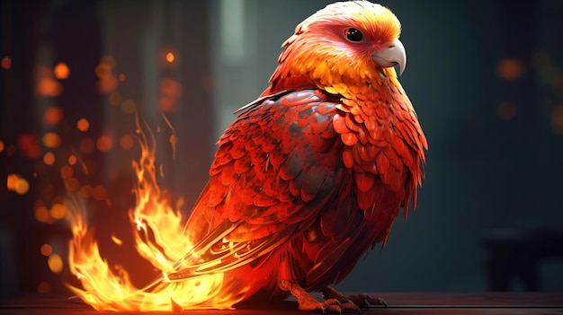 Futuristic parrot in a fire flame closeup dark blurred background Concept bird fauna rescue AI