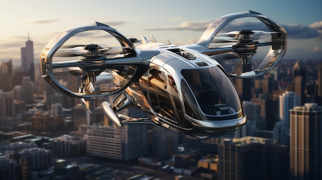 futuristic passenger drone flying above high building in city hi tech transportation generative AI