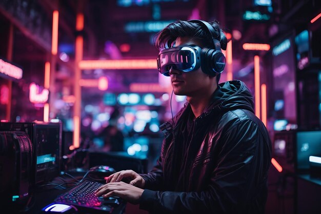 A futuristic pc gamer busy in a virtual reality world surrounded by neon lights advanced technology