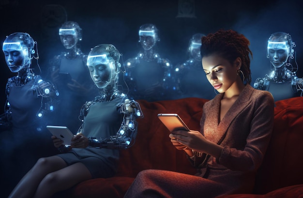 Foto persone futuristiche che usano dispositivi intelligenti