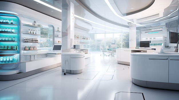 Futuristic pharmacy interior