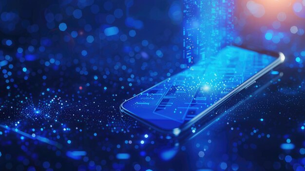 Photo futuristic phone with digital data emanating in bright blue and hightech ambient light