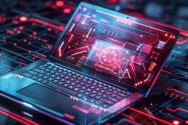 futuristic photo of laptop with technology elements and symbols