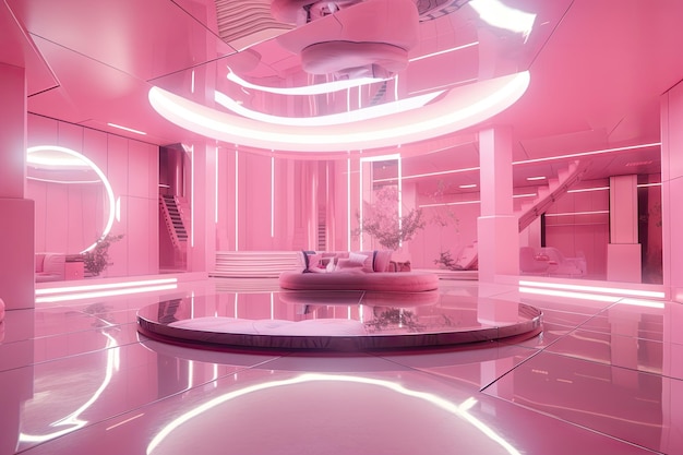 Futuristic pink ballroom with floating platforms and sleek decor