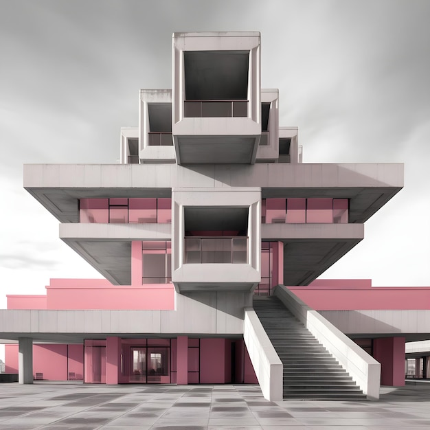 Photo futuristic pink brutalism bauhausinfluenced blocky structure with eerie realism