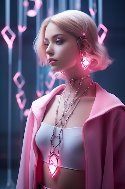 Futuristic pink smart jewelry with embedded AI and communication technologies