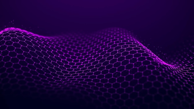 Футуристическая розовая волна шестиугольной сетки на темном фоне Концепция больших данных Сетевое подключение Кибернетика и искусственный интеллект 3d-рендеринг
