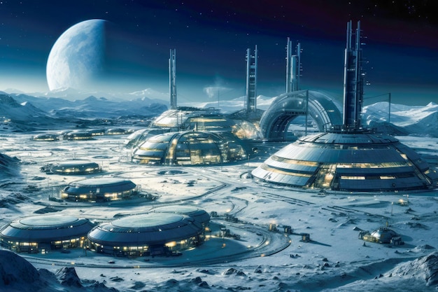 A futuristic planet base merges science and fantasy offering a glimpse of a spaceage habitat in an alien landscape