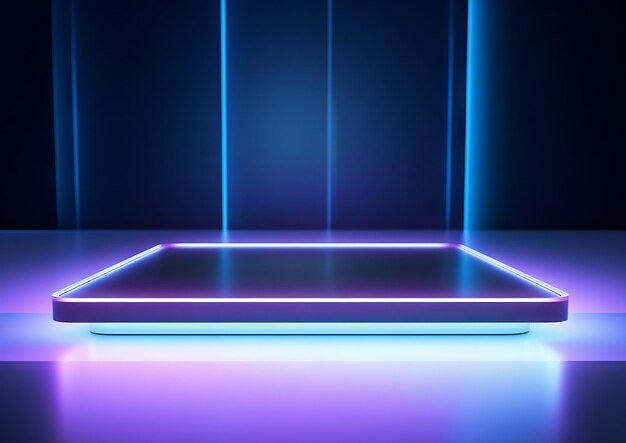 Futuristic podium stage for product display with neon light background