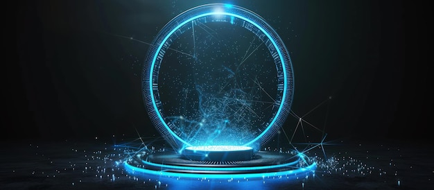 Futuristic podium with blue portal hologram effect technology digital Generated AI image