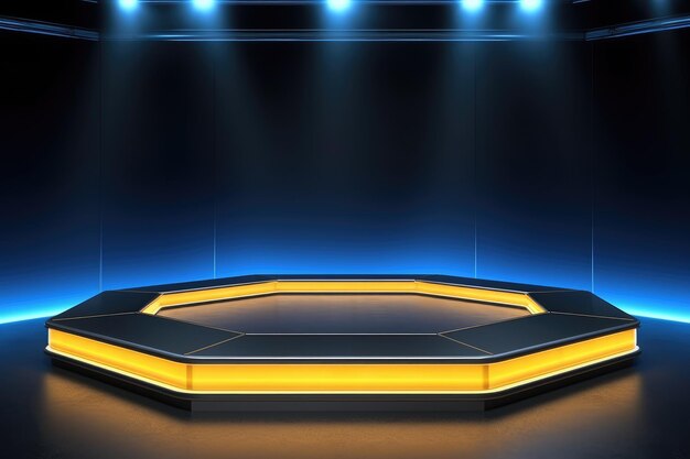 Futuristic podium with hexagonal stage platform yellow rings blue led light backdrop