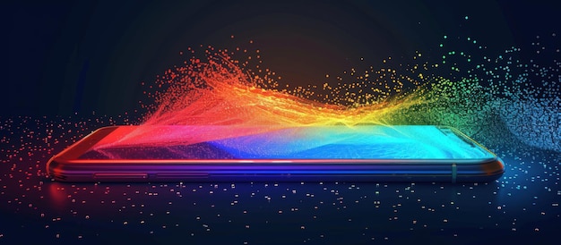 미래의 다각형 다채로운 반이는 와이어 프레임 모바일 폰 어두운 배경에 AI 생성 이미지