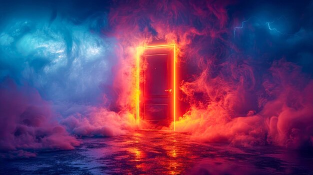 Photo futuristic portal door in the dark with smoke