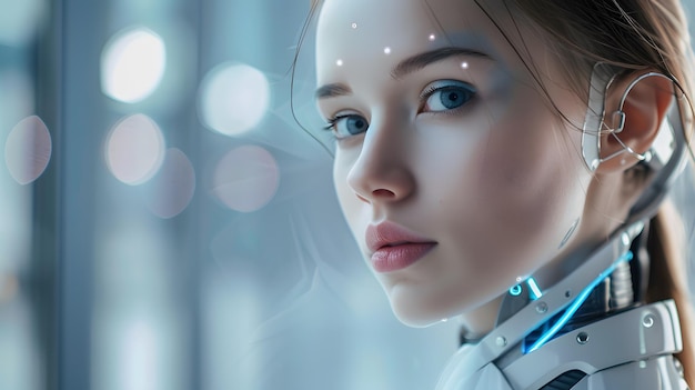 Футуристический портрет андроидной женщины-робота или лица искусственного интеллекта