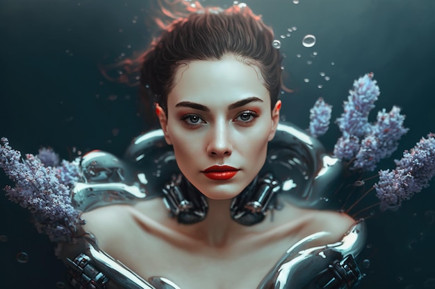 Futuristic portrait of a beautiful sexy cyborg girl with lilac flowers under water