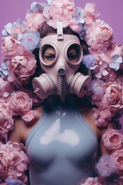 Futuristic portrait of a girl in gas mask decorated with pink flowers