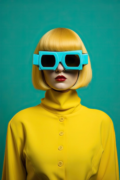 Futuristic portrait of a girl with blue glasses wearing yellow clothes on a blue background