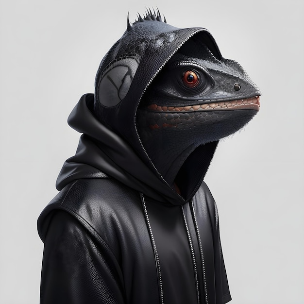 Futuristic portrait of lizards in black hooded jacket nft art style