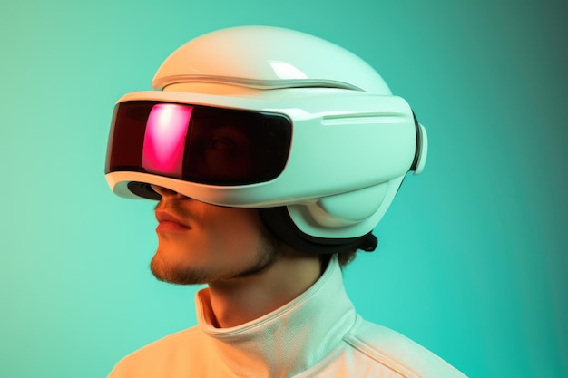 미래 지향적인 흰색 가상 현실 헬멧을 쓰고 옆에 있는 남자의 미래 초상화