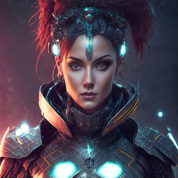 Futuristic portrait photo of beautiful woman in armor suit generative AI