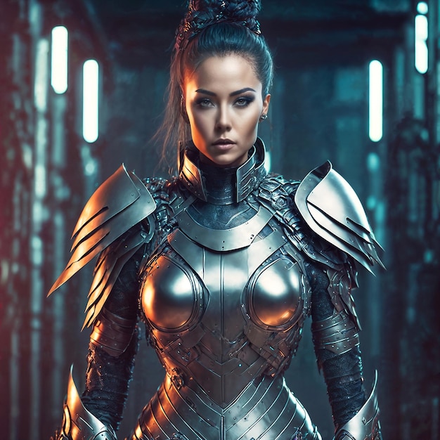 Photo futuristic portrait photo of beautiful woman in armor suit generative ai