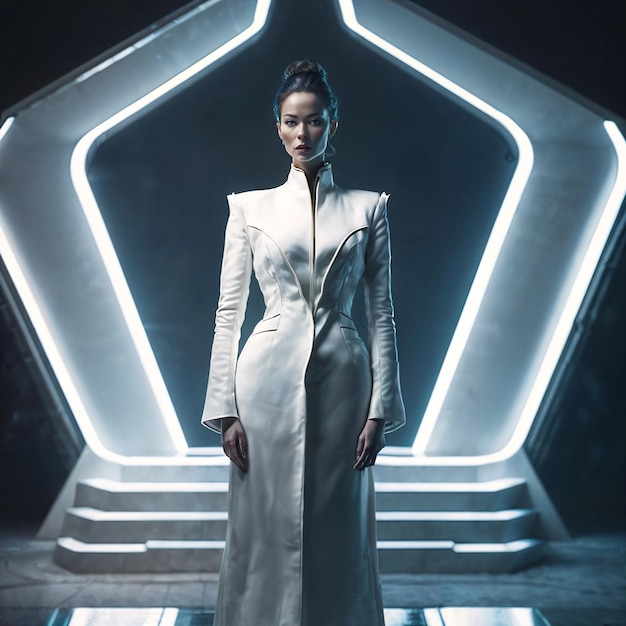 futuristic portrait photo of beautiful woman in white suit generative ai