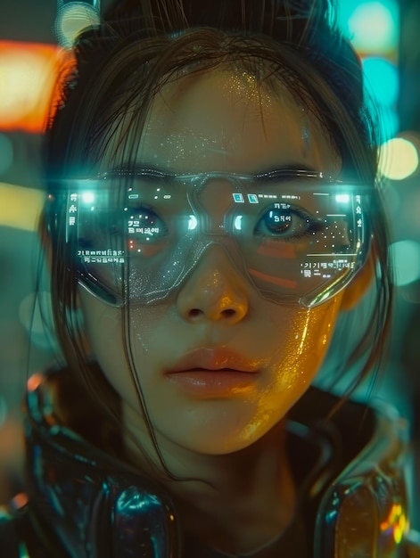 Futuristic Portrait of a Woman with Holographic Visor and Neon Lighting in Urban Setting