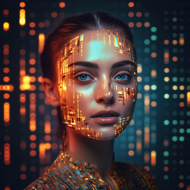 Futuristic portrait of young beautiful woman with digital face 3d rendering