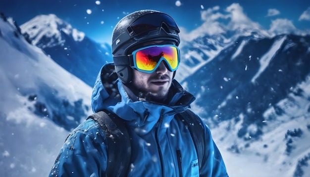 A futuristic potrait photo of snowboard man with snow background