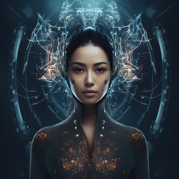 Photo the futuristic presence an asian woman prothet unveiling artificial intelligence