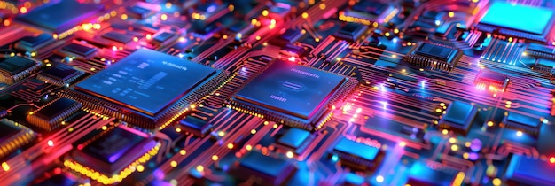 Futuristic processor chips with glowing connections Background for technological processes science presentations etc