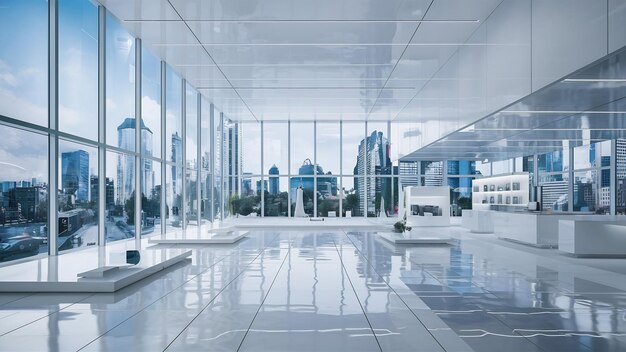 futuristic pure white interior design of modern showroom with large windows and city urban landscap