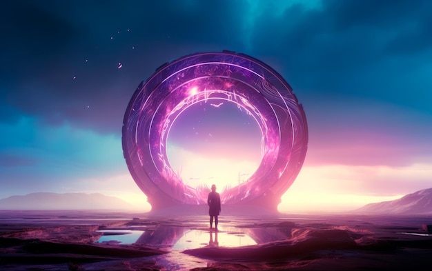 Футуристический фиолетовый светящийся неоновый круглый портал в стиле научной фантастики пустыни