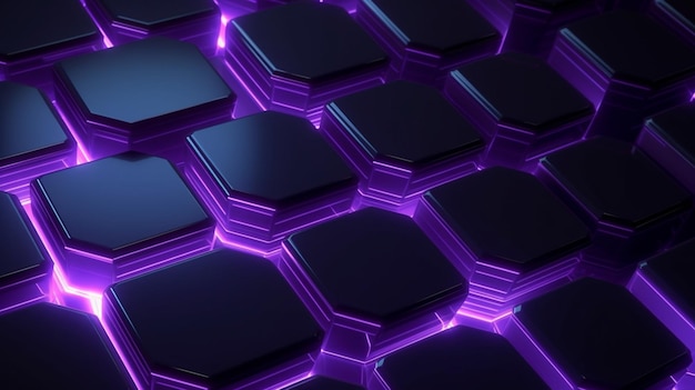 Futuristic purple luminous hexagons on abstract dark surface