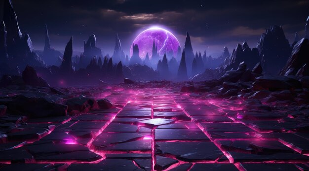 Futuristic purple neon light landscape background mixed with retro in classic colors