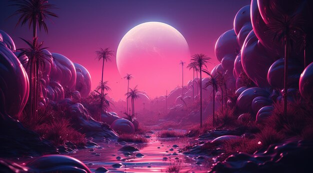 Futuristic purple neon light landscape background mixed with retro in classic colors