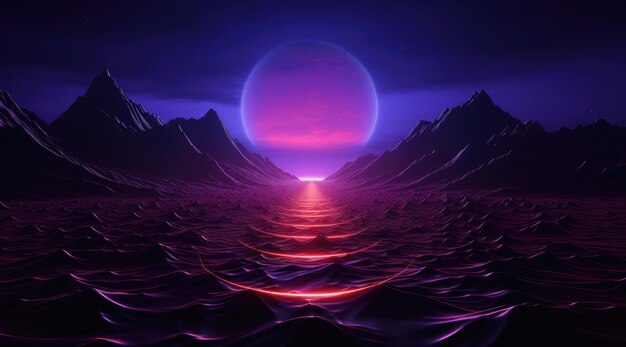 Futuristic purple neon light landscape background mixed with retro in classic colors